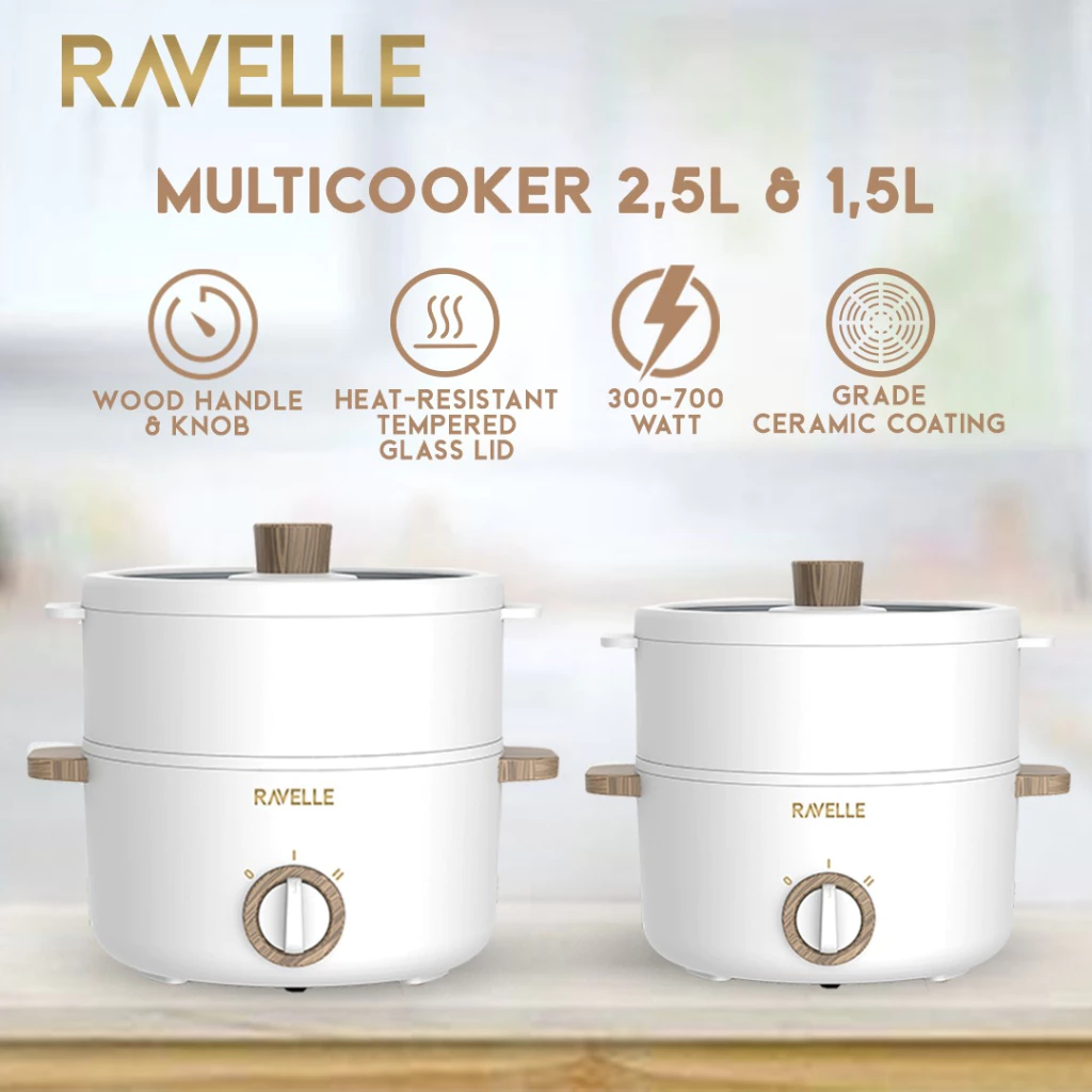 RAVELLE Multicooker Listrik 1.5 Liter – Panci Listrik Multifungsi Low Watt yang Praktis dan Aesthetic!