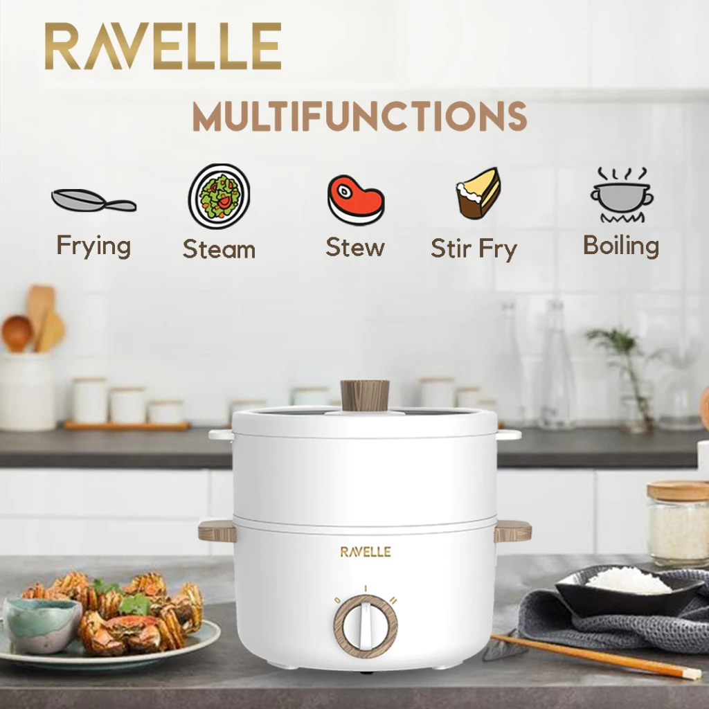 RAVELLE Multicooker Listrik 1.5 Liter – Panci Listrik Multifungsi Low Watt yang Praktis dan Aesthetic!